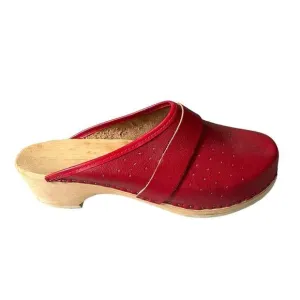 HAND MADE Leather Slip-On Clogs Heel Wooden Sole Bottom Red Tan 39