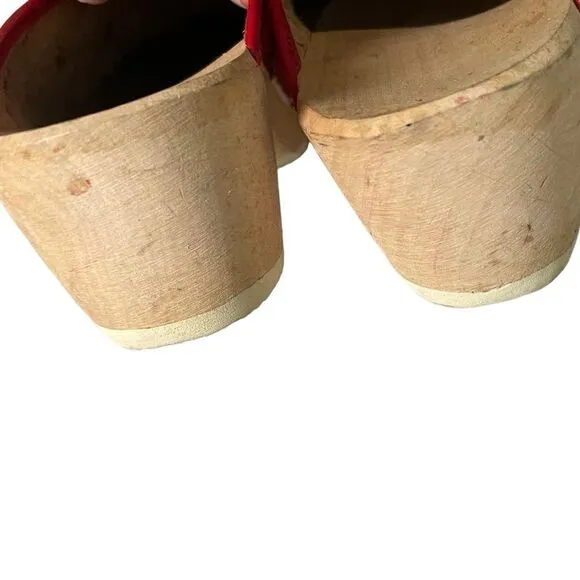 HAND MADE Leather Slip-On Clogs Heel Wooden Sole Bottom Red Tan 39