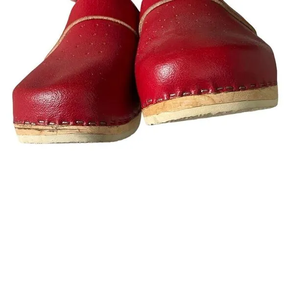 HAND MADE Leather Slip-On Clogs Heel Wooden Sole Bottom Red Tan 39