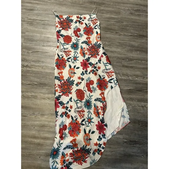 Haney Goldie Floral Bias Cut Silk Slip Dress Midi White Criss Cross Back sz 8