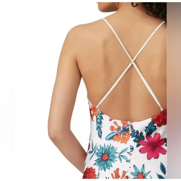 Haney Goldie Floral Bias Cut Silk Slip Dress Midi White Criss Cross Back sz 8