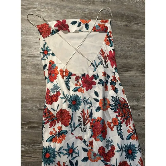 Haney Goldie Floral Bias Cut Silk Slip Dress Midi White Criss Cross Back sz 8