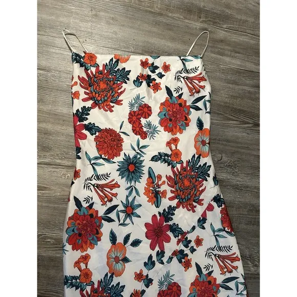 Haney Goldie Floral Bias Cut Silk Slip Dress Midi White Criss Cross Back sz 8