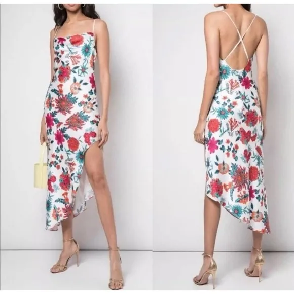 Haney Goldie Floral Bias Cut Silk Slip Dress Midi White Criss Cross Back sz 8