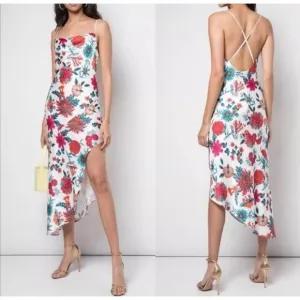 Haney Goldie Floral Bias Cut Silk Slip Dress Midi White Criss Cross Back sz 8