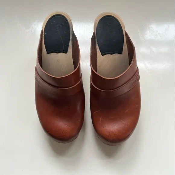 Hasbeens Clogs Leather Heeled Swedish Cognac Size 36 US 6