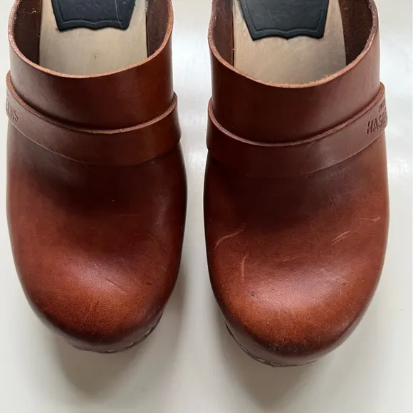 Hasbeens Clogs Leather Heeled Swedish Cognac Size 36 US 6