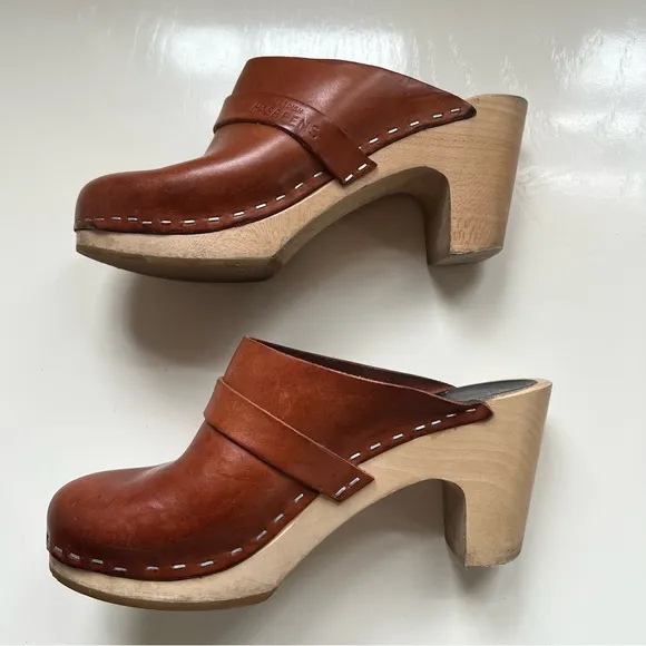 Hasbeens Clogs Leather Heeled Swedish Cognac Size 36 US 6