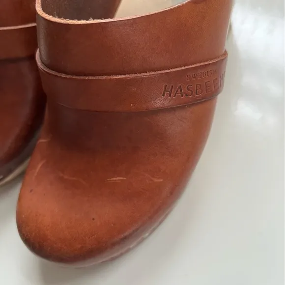 Hasbeens Clogs Leather Heeled Swedish Cognac Size 36 US 6