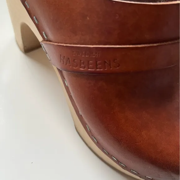 Hasbeens Clogs Leather Heeled Swedish Cognac Size 36 US 6