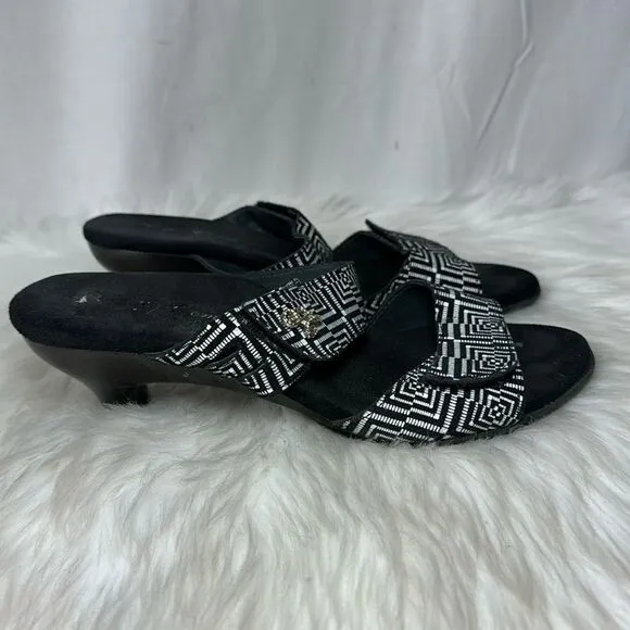 Helle Comfort Kitten Heel Graphic Print Adjustable Mules Slides Sz 40/US 9.5-10