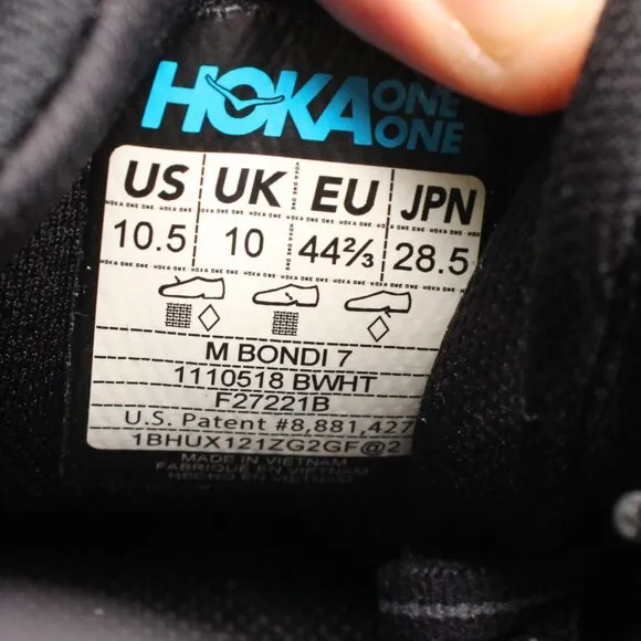 Hoka One One Bondi 7 Mens Size 10.5 Black Running Shoes Sneakers 1110518 BWHT