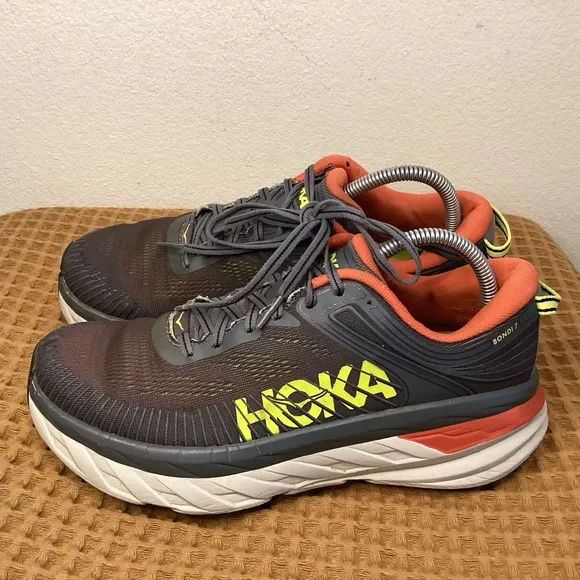Hoka One One Bondi 7 Mens Sz 8.5 Gray Red Cushioned Road Running Shoes Sneakers