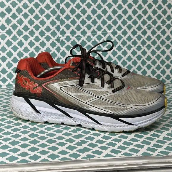 Hoka One One Clifton 3 Gray Red Running Shoes‎ Men's Size 14