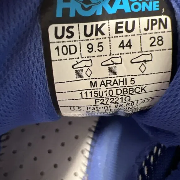 Hoka One One Mens Size 10 D Arahi 5 1115010 DBBCK Blue Running Shoes Sneakers