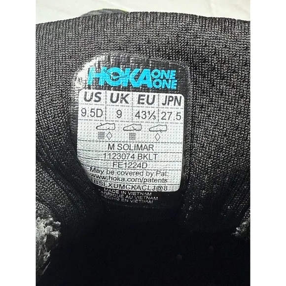 Hoka One One Solimar Men's 9.5D Black Running Shoes