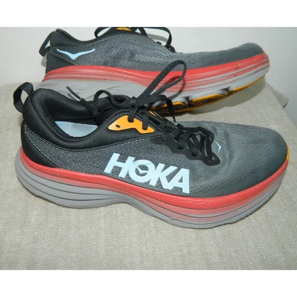 Hoka Sneaker Gym Shoes One Bondi 8 Mens Size 11D Shoes Gray Red Running