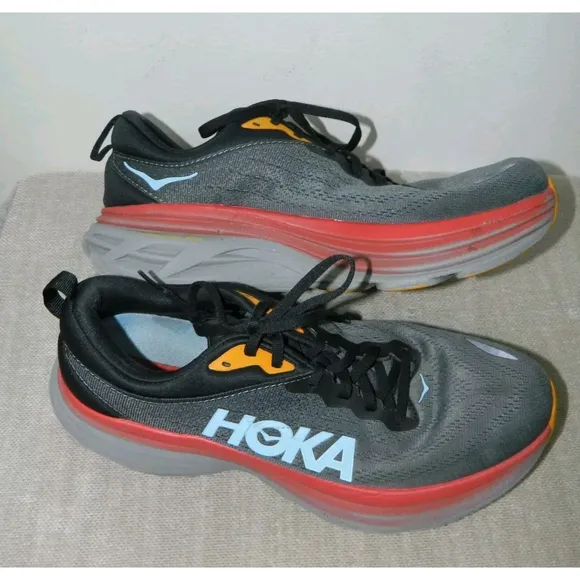 Hoka Sneaker Gym Shoes One Bondi 8 Mens Size 11D Shoes Gray Red Running