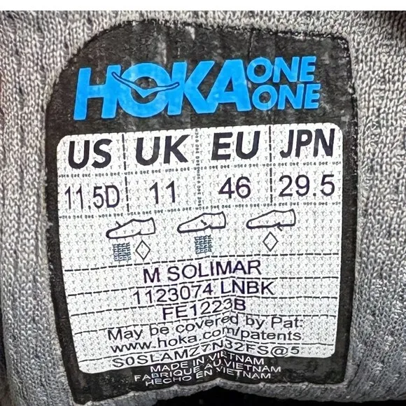 Hoka Solimar Gray Mens US Size 11.5 EUR 46 1123074 LNBK Running Shoes