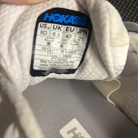 Hoka Women's White Running Shoes- Clifton 9, Pre-Owned, Some discoloration, 8D