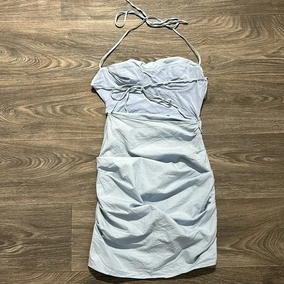 House of CB London Lana Open Back Mini Halter Dress Ruching Baby Blue XS Strappy