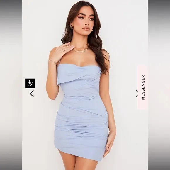 House of CB London Lana Open Back Mini Halter Dress Ruching Baby Blue XS Strappy