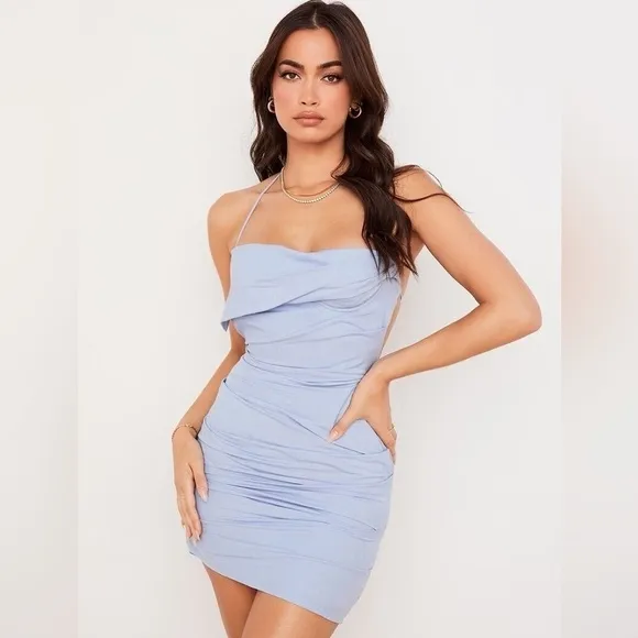 House of CB London Lana Open Back Mini Halter Dress Ruching Baby Blue XS Strappy
