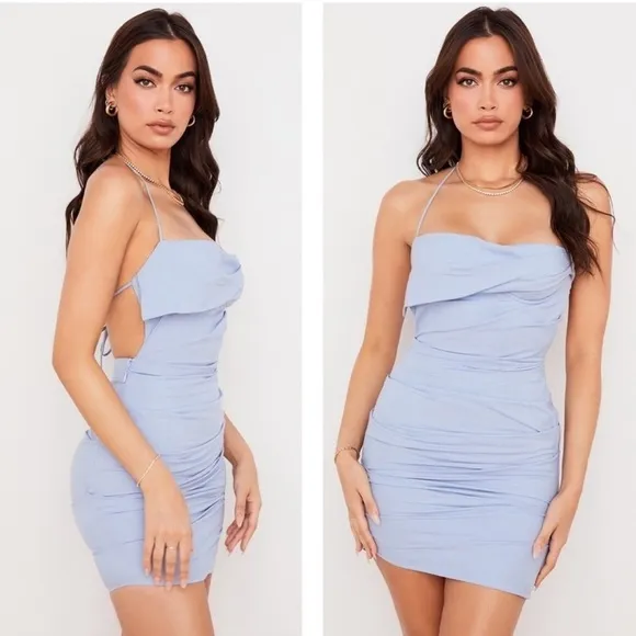 House of CB London Lana Open Back Mini Halter Dress Ruching Baby Blue XS Strappy