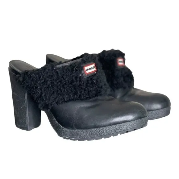 Hunter Bruson Shearling Lined Black Leather Clogs Heels Mules Size 8