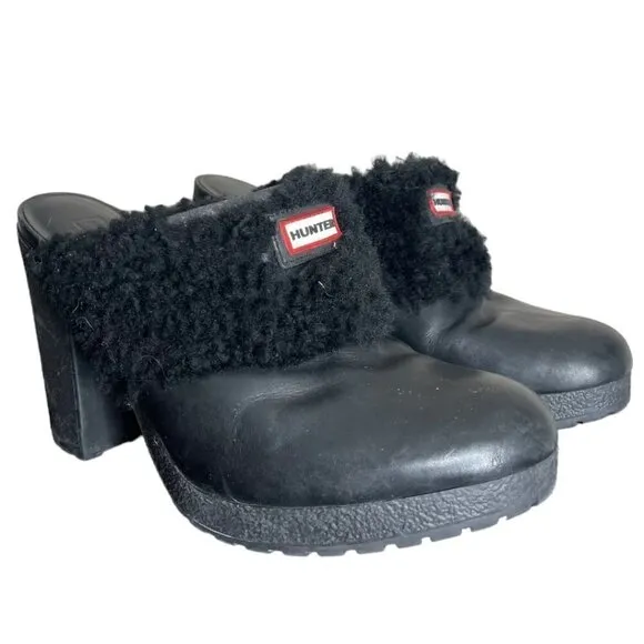 Hunter Bruson Shearling Lined Black Leather Clogs Heels Mules Size 8