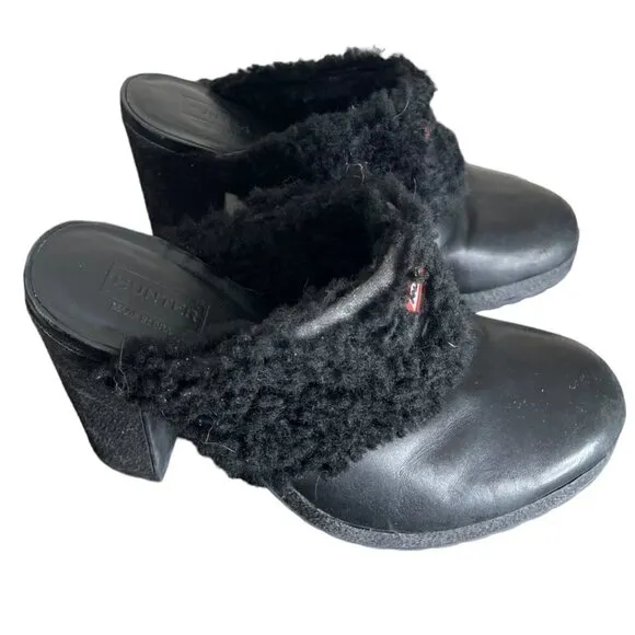 Hunter Bruson Shearling Lined Black Leather Clogs Heels Mules Size 8