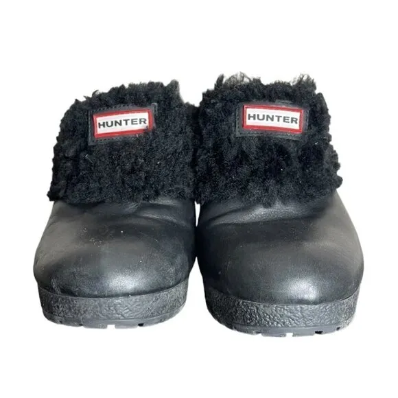 Hunter Bruson Shearling Lined Black Leather Clogs Heels Mules Size 8