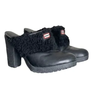 Hunter Bruson Shearling Lined Black Leather Clogs Heels Mules Size 8
