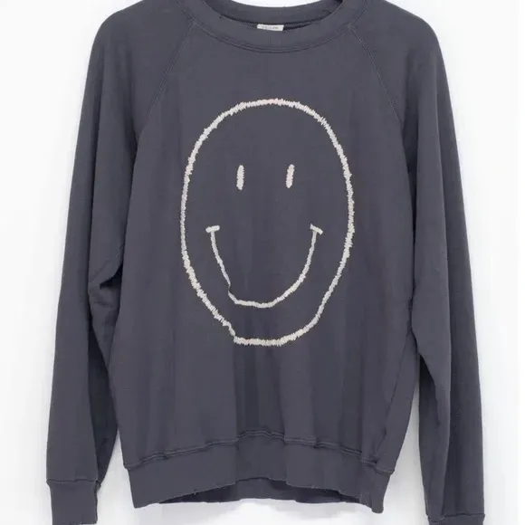 I stole my boyfriends shirt Heavily Distressed Smiley Face Crewneck Sweatshirt