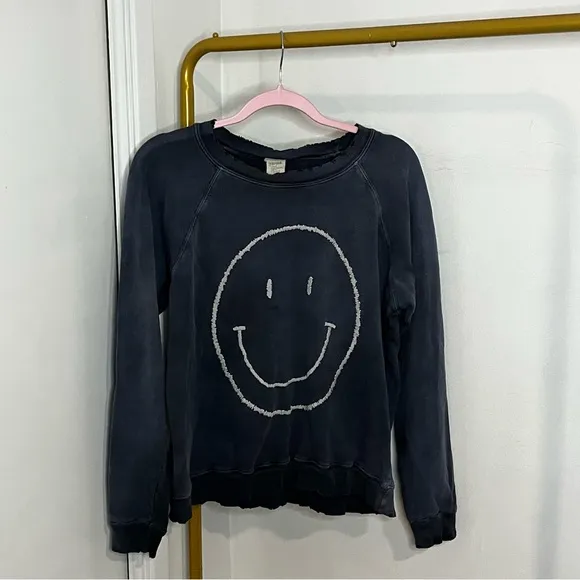I stole my boyfriends shirt Heavily Distressed Smiley Face Crewneck Sweatshirt