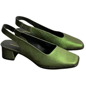 Intentionally Blank Patty Green Sparkle Slingback Leather Heels, New in Box