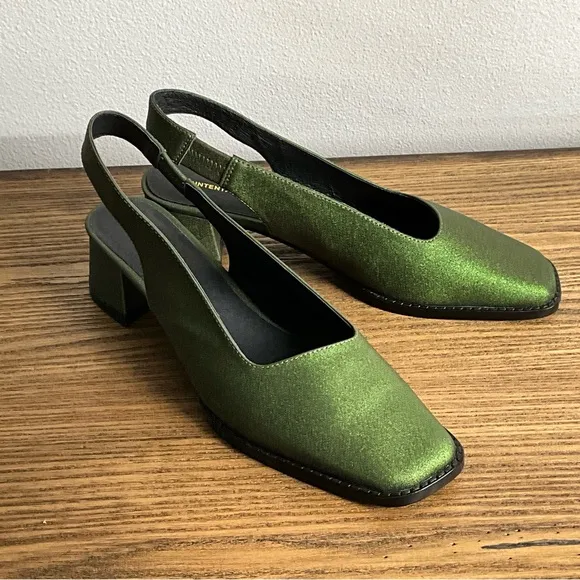 Intentionally Blank Patty Green Sparkle Slingback Leather Heels, New in Box