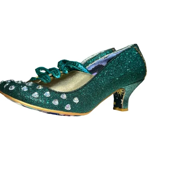Irregular Choice Haverhill Oxford Kitten Heels Sparkly Green w/ Rhinestones NWOT