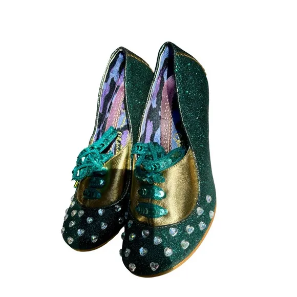 Irregular Choice Haverhill Oxford Kitten Heels Sparkly Green w/ Rhinestones NWOT