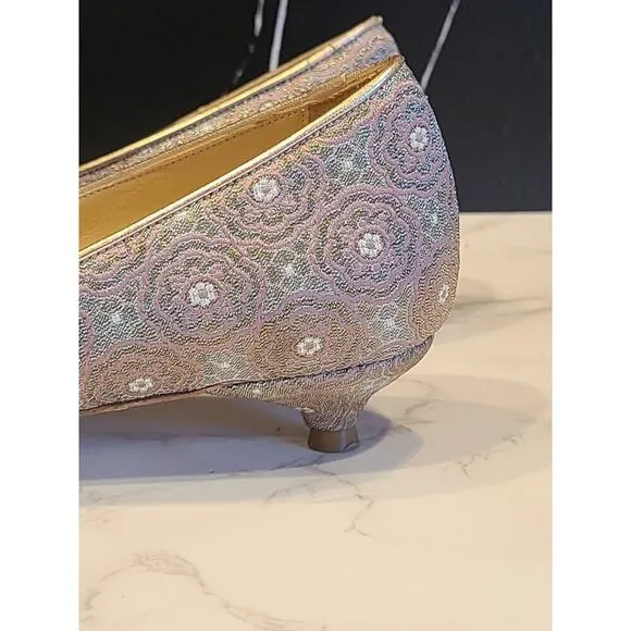 Isaac Baroque Pink Metallic Kitten Heels Women 7.5 M Pointy Toe Jeweled Coquette