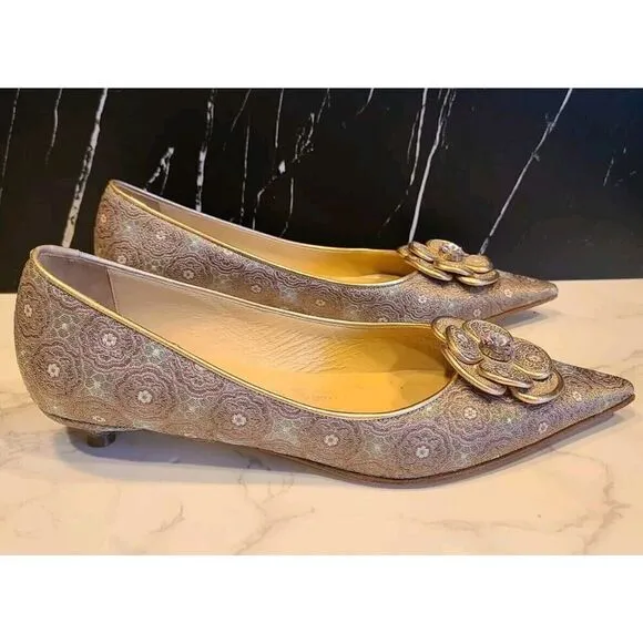Isaac Baroque Pink Metallic Kitten Heels Women 7.5 M Pointy Toe Jeweled Coquette