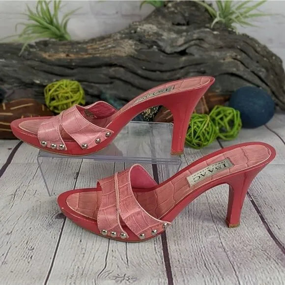 Isaac Mizrahi Pink Novice Croco Kitten Heels Mules Slides Sandals