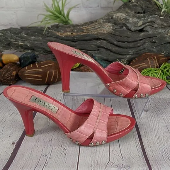 Isaac Mizrahi Pink Novice Croco Kitten Heels Mules Slides Sandals