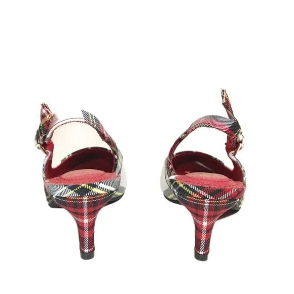 Isaac Mizrahi Plaid Pumps Womens 6 Red Multi Slingback Kitten Heels New