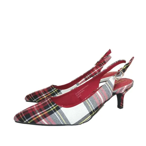Isaac Mizrahi Plaid Pumps Womens 6 Red Multi Slingback Kitten Heels New
