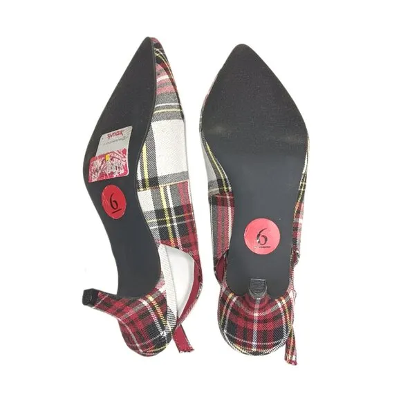 Isaac Mizrahi Plaid Pumps Womens 6 Red Multi Slingback Kitten Heels New