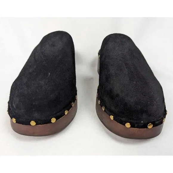 J Crew 9.5 Dakota Clog Black Suede Leather Studded Detailing Wood Block Heel