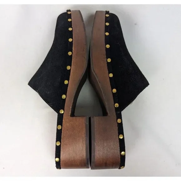 J Crew 9.5 Dakota Clog Black Suede Leather Studded Detailing Wood Block Heel