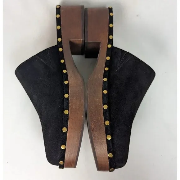 J Crew 9.5 Dakota Clog Black Suede Leather Studded Detailing Wood Block Heel