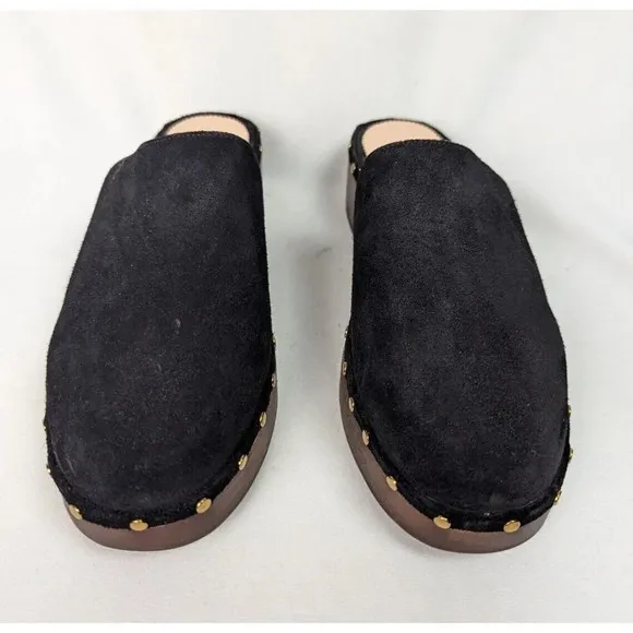 J Crew 9.5 Dakota Clog Black Suede Leather Studded Detailing Wood Block Heel